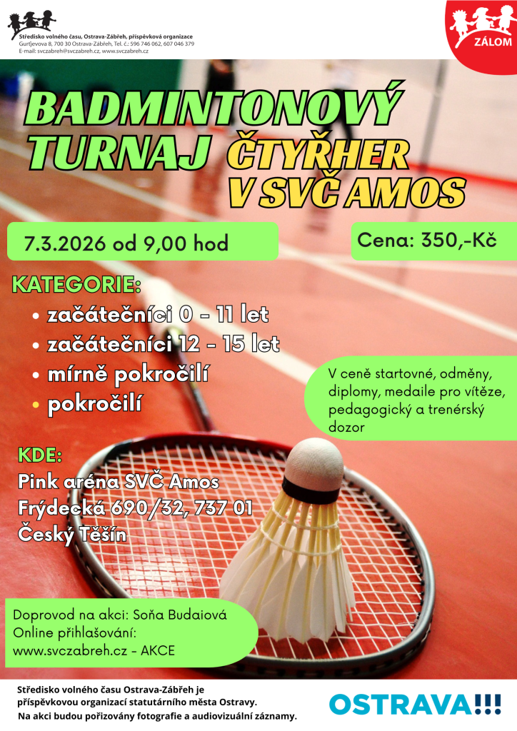 Badmintonový turnaj čtyřher v SVČ Amos			